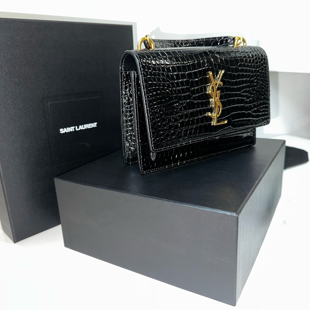 Saint Laurent Sunset Chain Wallet Bag Crocodile Embossed Shiny Leather (BLK/G) - Picture 14 of 15